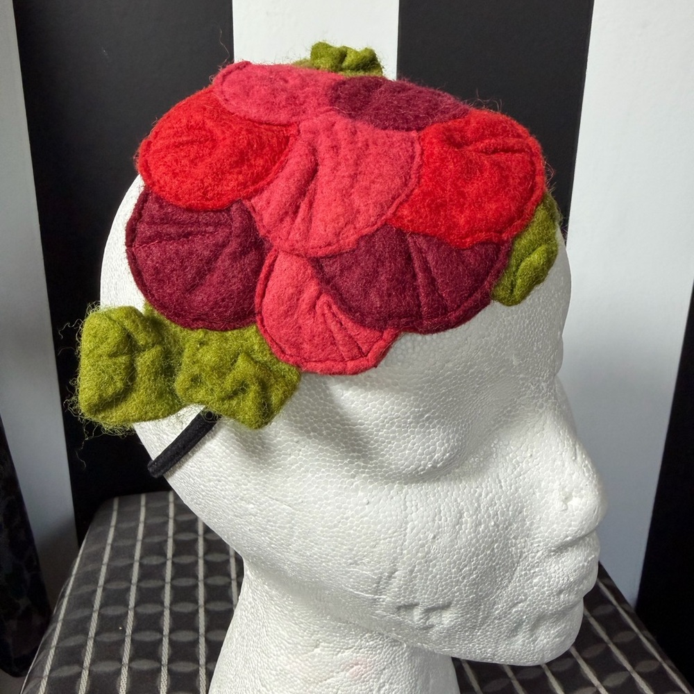 Handcrafted Red Floral Wool Felt Headband with Green Leaves